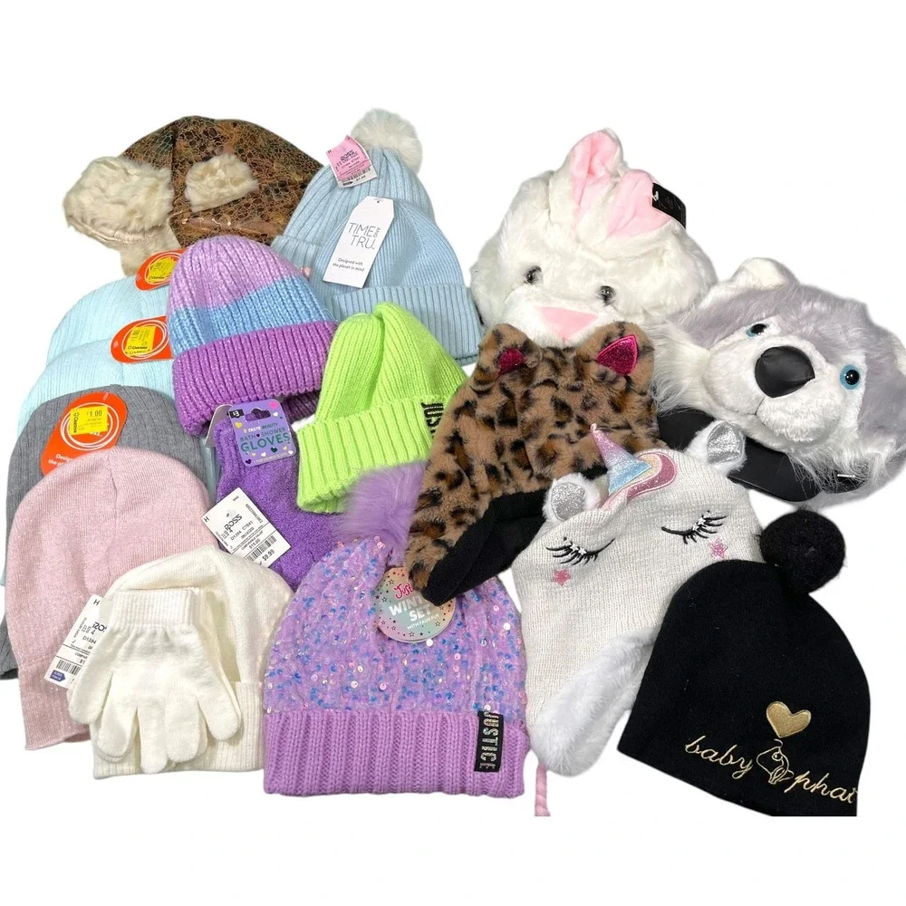 Mixed Lot of Girls Winter‎ Hats & Glove Beanie Sequin Animal Pom Knit Cap